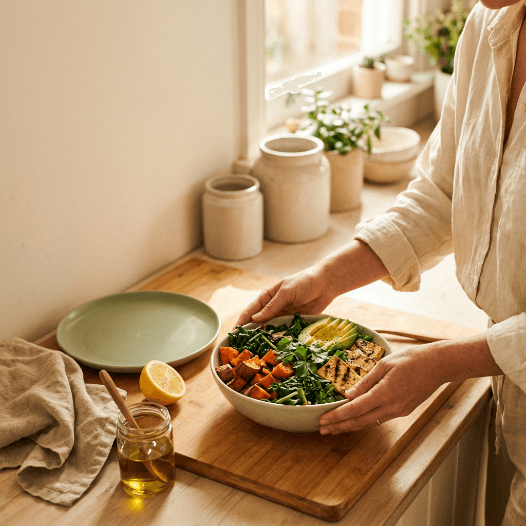 Eine Frau bereitet eine farbenfrohe Nourish-Bowl mit Gemüse und Hähnchen zu — mehr essen, nicht weniger.
