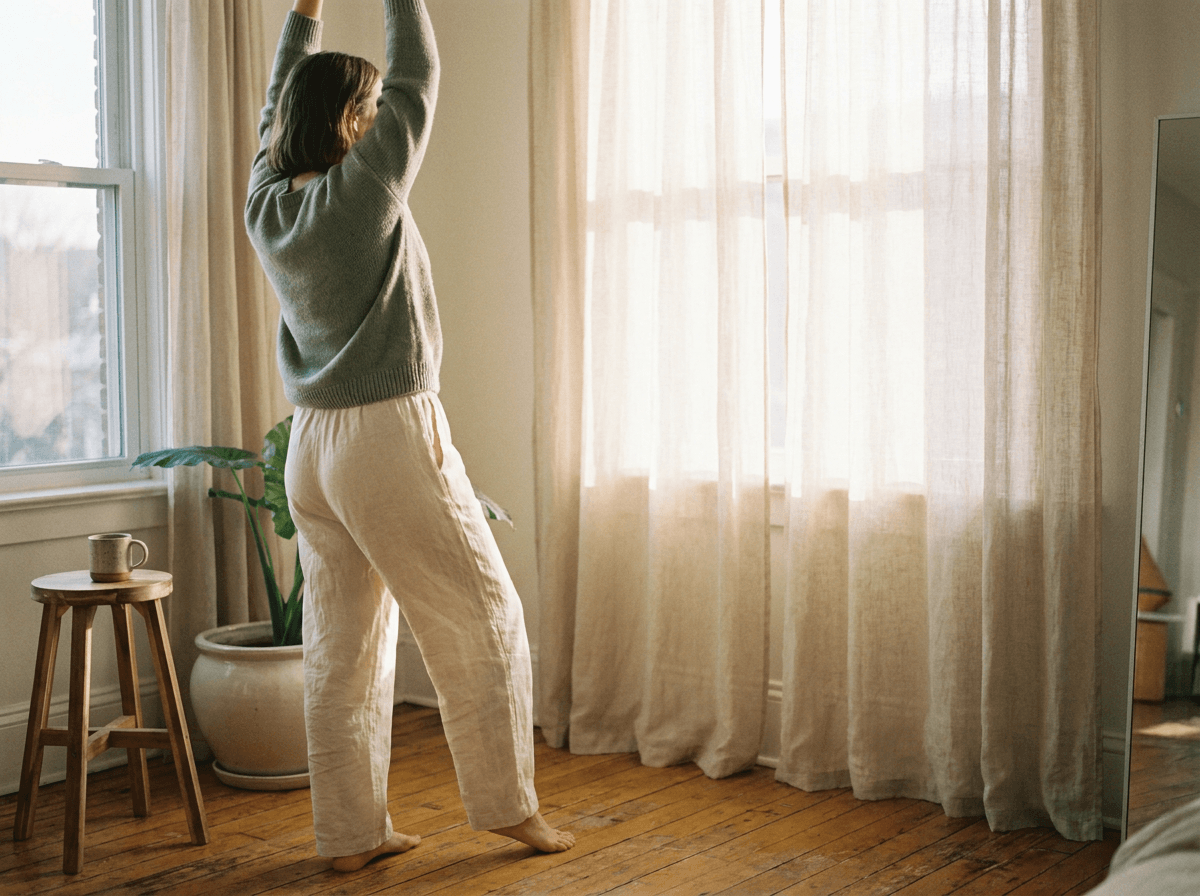 Frau streckt sich morgens am sonnenbeschienenen Fenster — Energie nach dem Restart-Programm